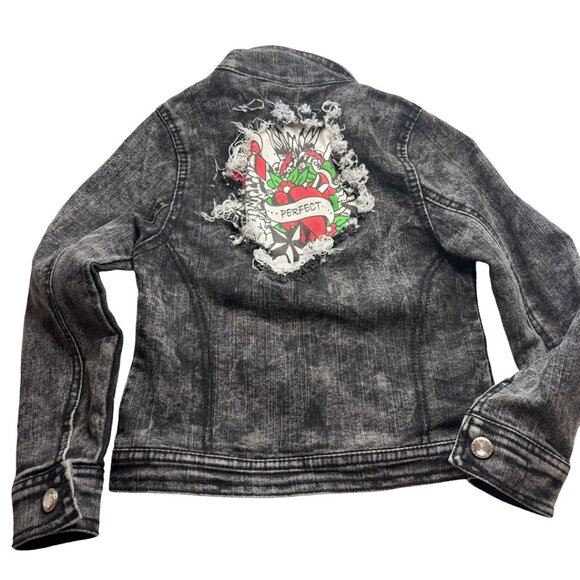 Vintage Ed Hardy Gray Denim Jean Jacket Sz 4T Kids Embroidered Rear Graphic - Picture 1 of 7